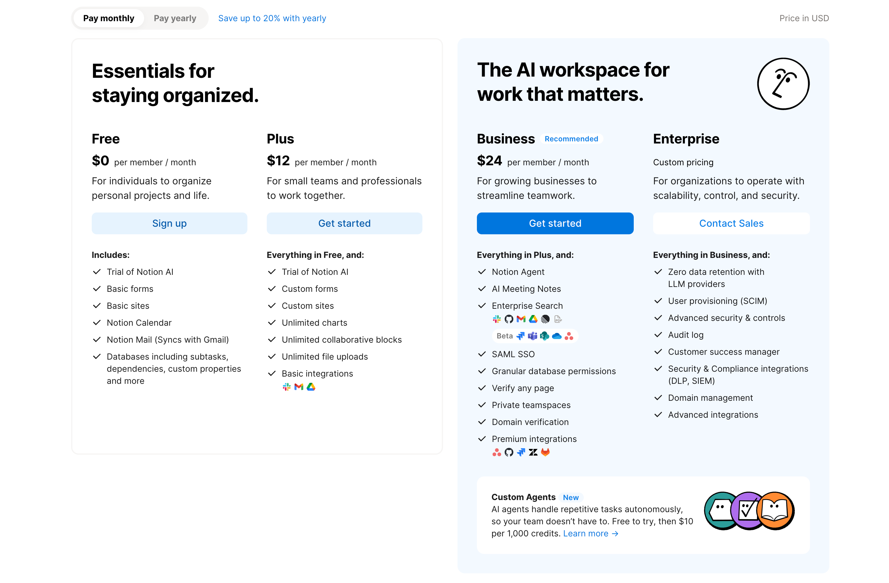 Notion pricing page showing AI features locked behind Business Plan