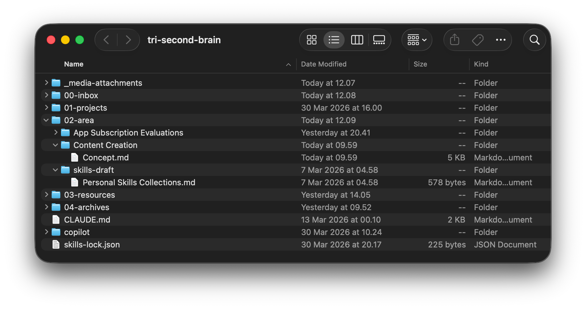 Obsidian vault showing markdown files in a folder structure